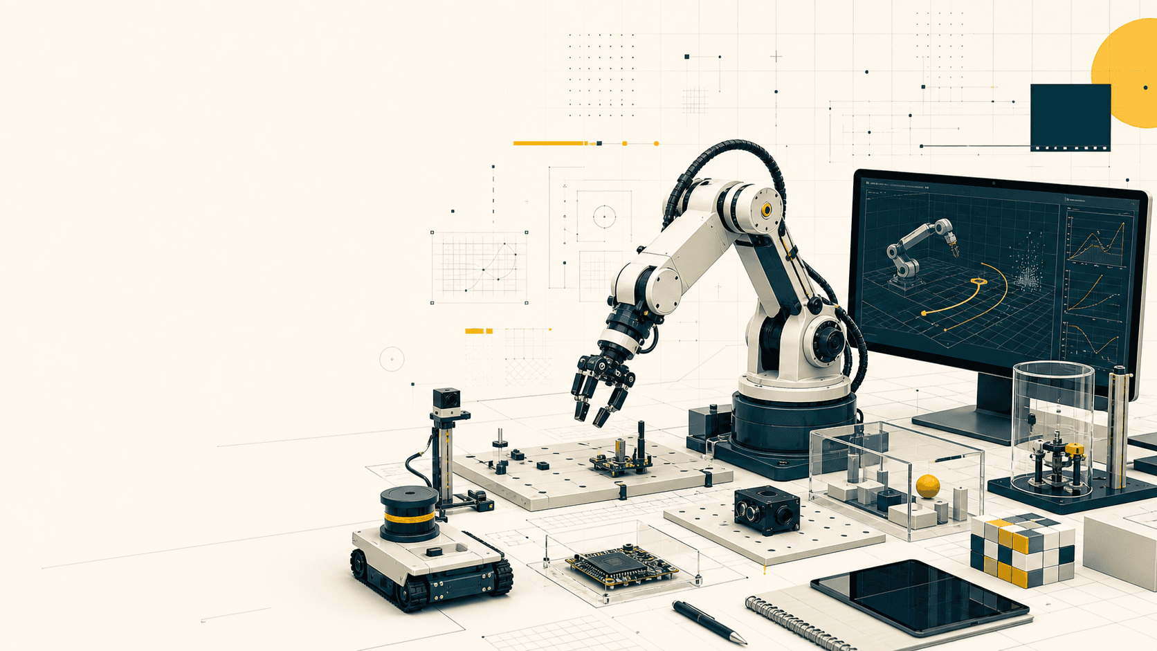 Robotics workspace with a robot arm and simulation display